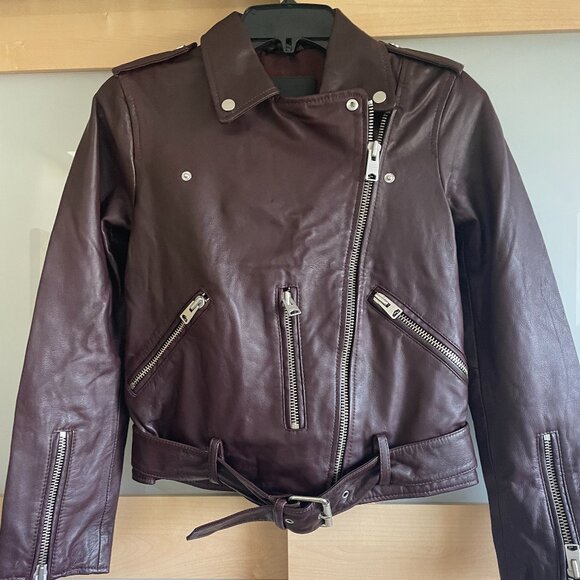 All saints Balfern Lamb Leather Biker Jacket Deep Berry Red Size 2 NEW - Picture 2 of 5